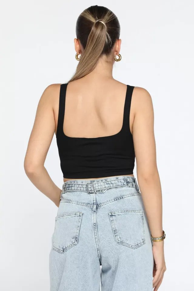 Kalın Askılı Fitilli Crop Top Bluz Siyah