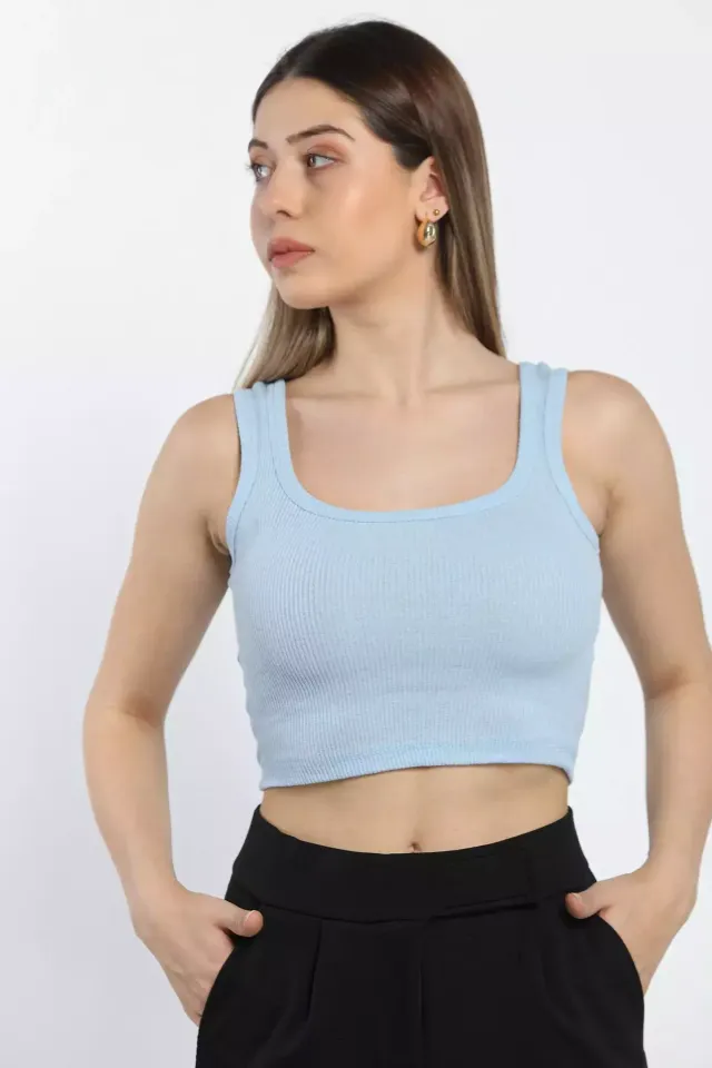 Kalın Askılı Likralı Kadın Crop Top Büstiyer Atlet Mavi