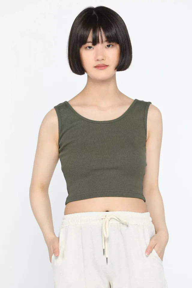 Kalın Askılı Likralı Kadın Kaşkorse Crop Tops Bluz Haki