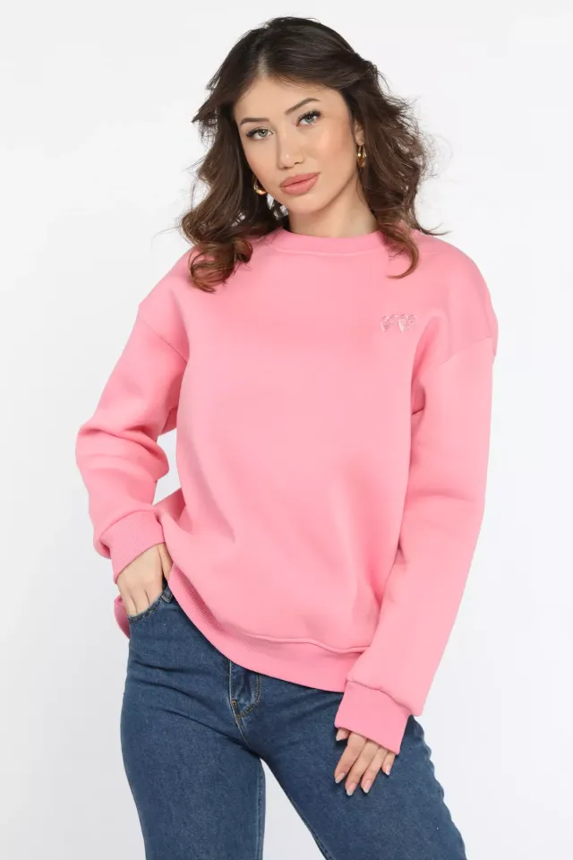 Kalp Nakışlı Üç İplik Şardonlu Kadın Sweatshirt Pembe