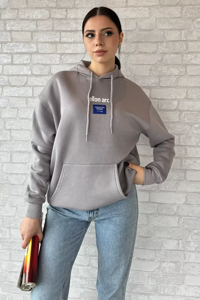 Kanguru Cepli Üç İplik Şardonlu Kapüşonlu Sweatshirt Gri