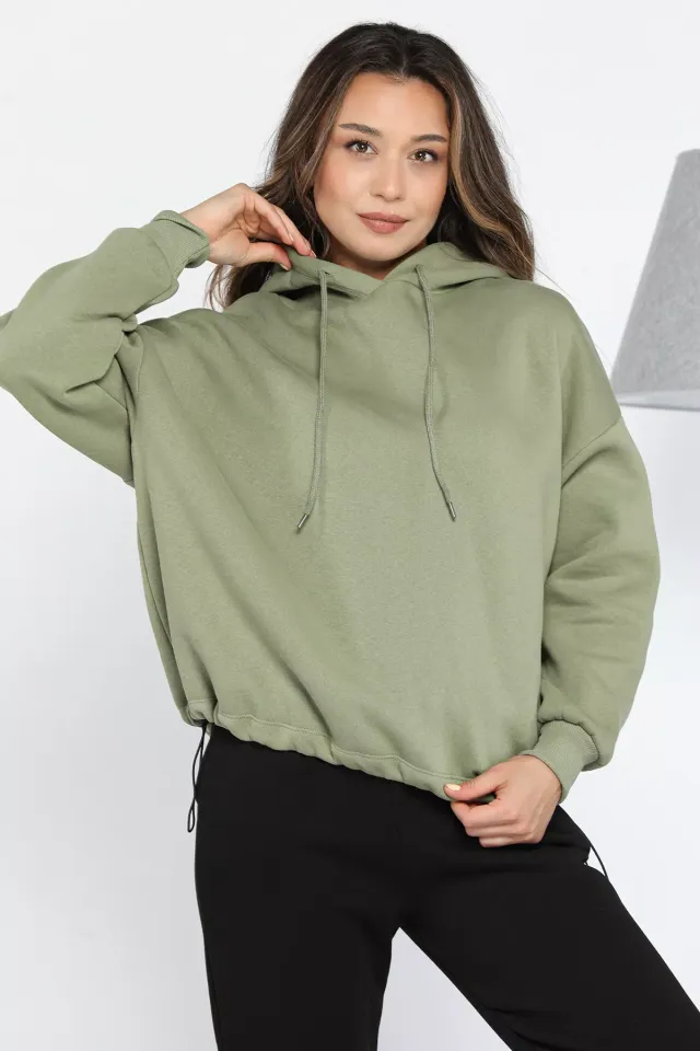 Kapüşonlu Üç İplik Şardonlu Bel Lastikli Sweatshirt Haki