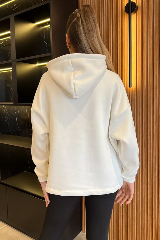 Kapüşonlu Üç İplik Şardonlu Bel Lastikli Sweatshirt Beyaz