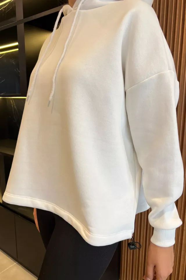 Kapüşonlu Üç İplik Şardonlu Bel Lastikli Sweatshirt Beyaz