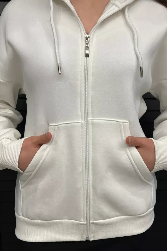 Kapüşonlu Üç İplik Şardonlu Kadın Sweatshirt Krem