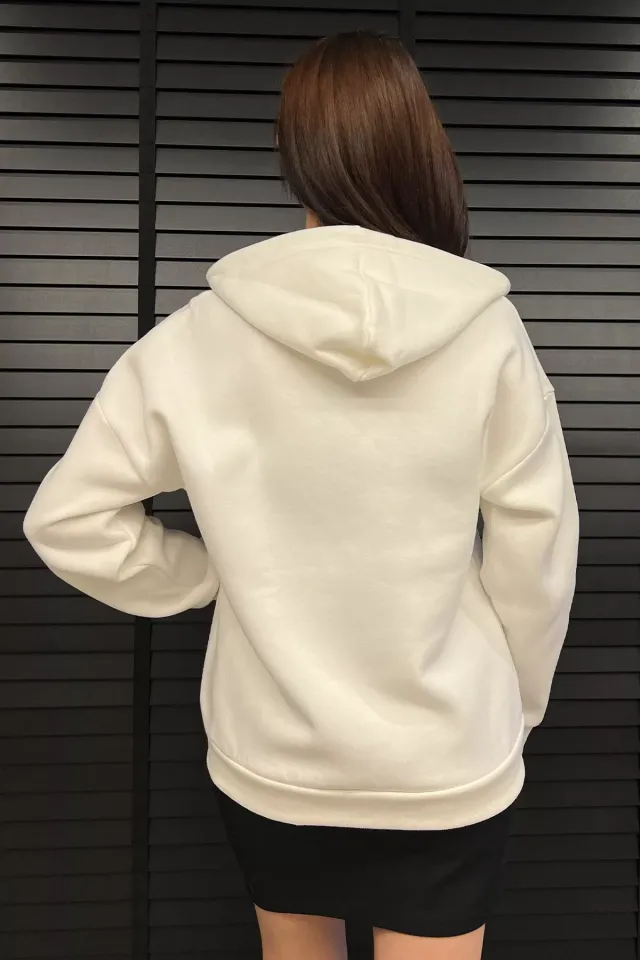 Kapüşonlu Üç İplik Şardonlu Kadın Sweatshirt Krem