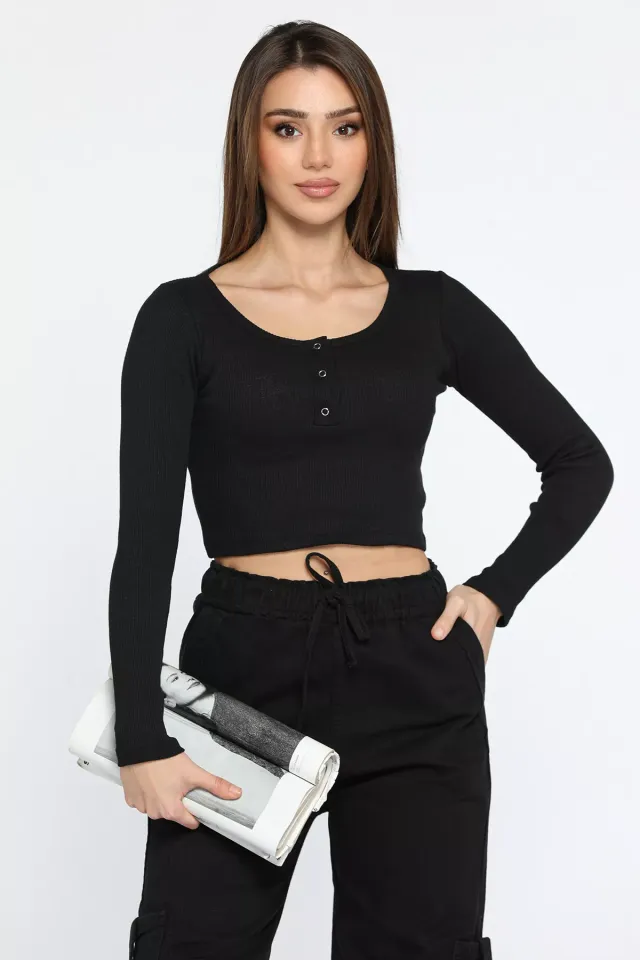 Kaşkorse Likralı Ön Çıtçıtlı Crop Top Bluz Siyah