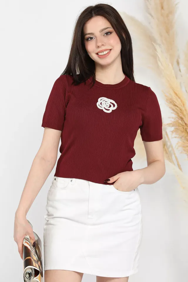 Kendinden Desenli Önü Gül İşlemeli Kadın Crop Top Bluz Bordo