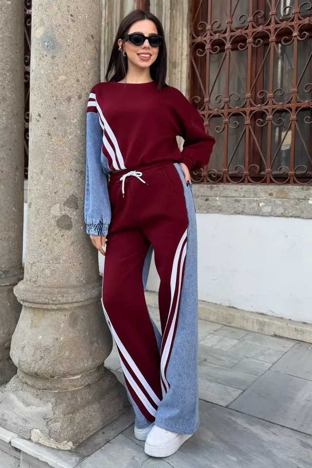 Kot Garnili Sweat Pantolon İkili Takım Bordo