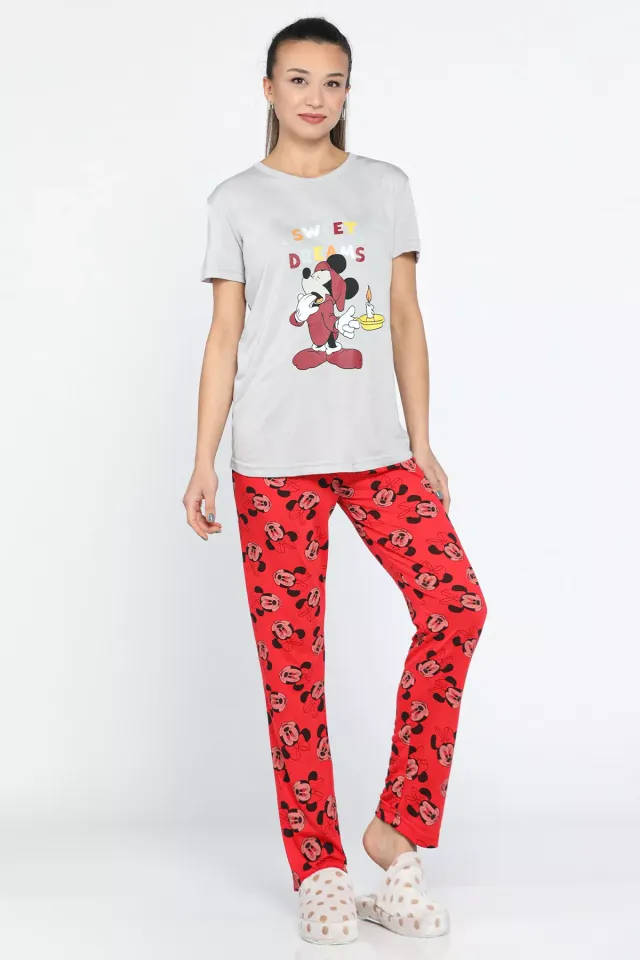 Mickey Mouse Baskılı Kadın Pijama Takımı Gri