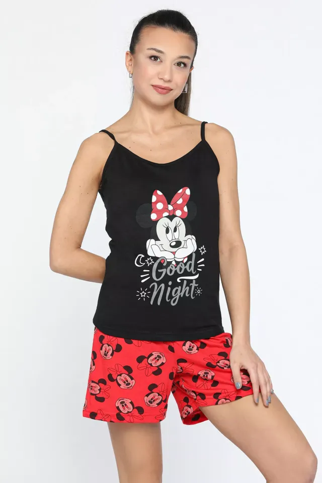 Minnie Mouse Baskılı İp Askılı Pijama Takımı Siyah