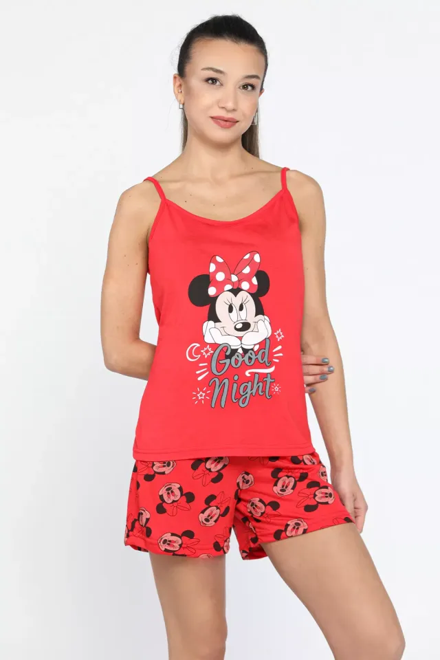 Minnie Mouse Baskılı İp Askılı Pijama Takımı Kırmızı