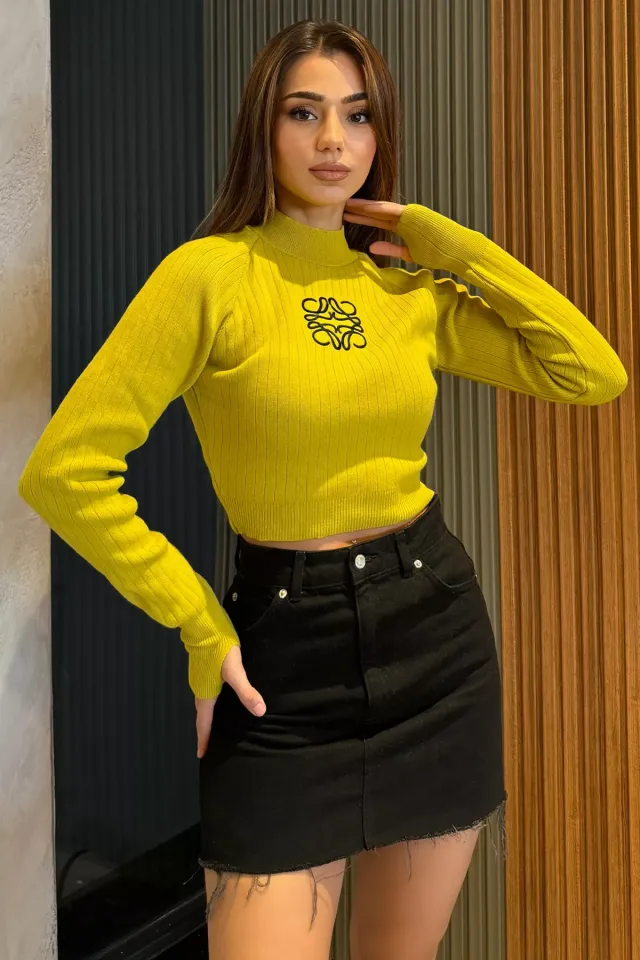 Ön Nakışlı Crop Top Triko Bluz Yağyeşili