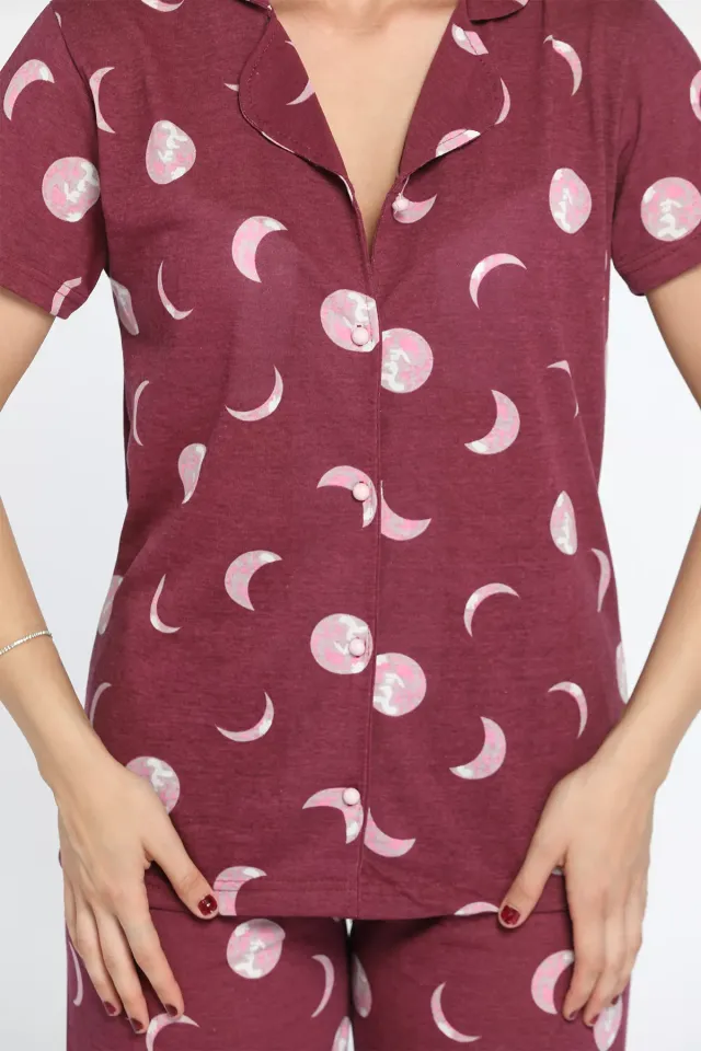 Önden Düğmeli Desenli Kadın Pijama Takımı Bordo