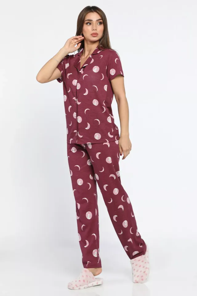 Önden Düğmeli Desenli Kadın Pijama Takımı Bordo