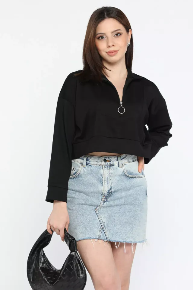 Oysho Kumaş Fermuar Detaylı Kadın Crop Top Sweatshirt Siyah