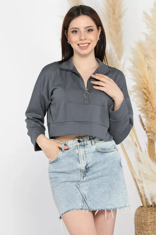 Oysho Kumaş Fermuar Detaylı Kadın Crop Top Sweatshirt Füme