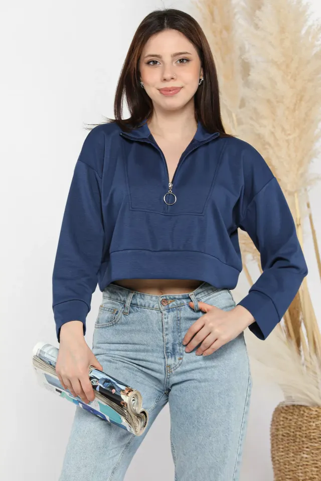 Oysho Kumaş Fermuar Detaylı Kadın Crop Top Sweatshirt Lacivert