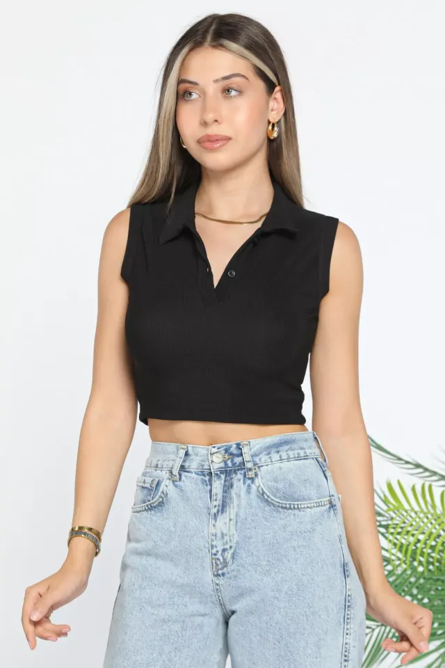 Polo Yaka Yarım Düğmeli Kadın Likralı Crop Top Bluz Siyah