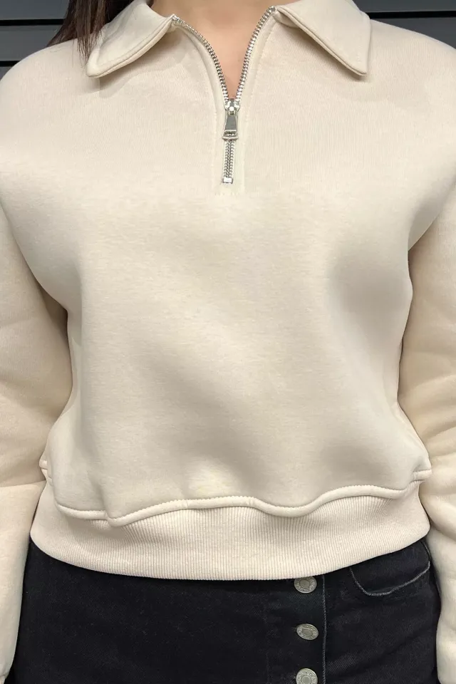 Polo Yaka Yarım Fermuarlı Üç İplik Şardonlu Sweatshirt Bej