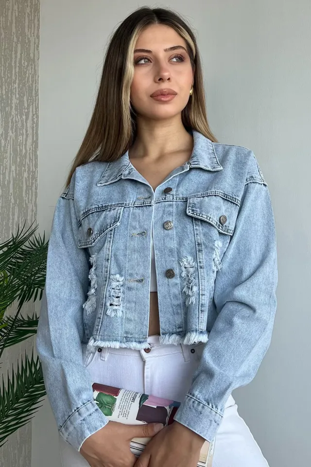 Püskül Detaylı Crop Top Jean Kot Ceket Buzmavisi