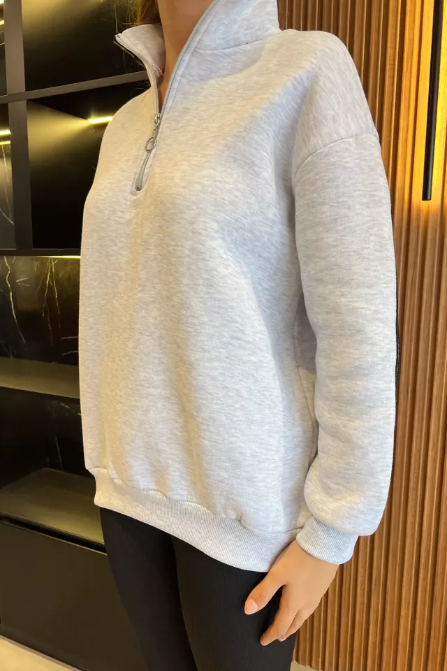 Şardonlu Yarım Fermuarlı Kadın Sweatshirt Gri