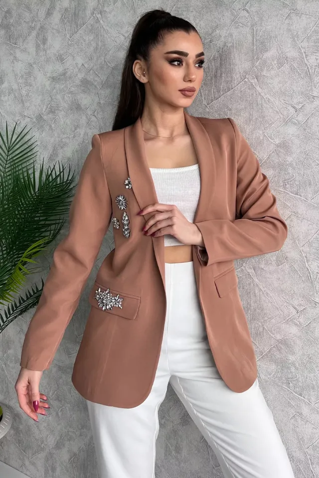 Taş Detaylı Astarlı Sahte Cepli Kadın Blazer Ceket Açık Camel