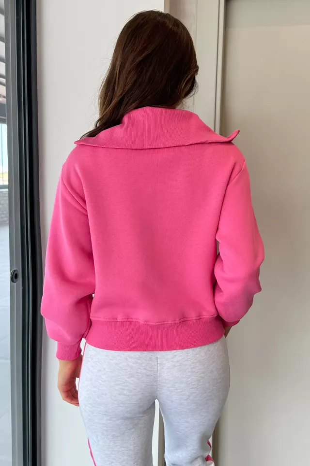 Üç İplik Şardonlu Yarım Fermuarlı Kadın Sweatshirt Pembe