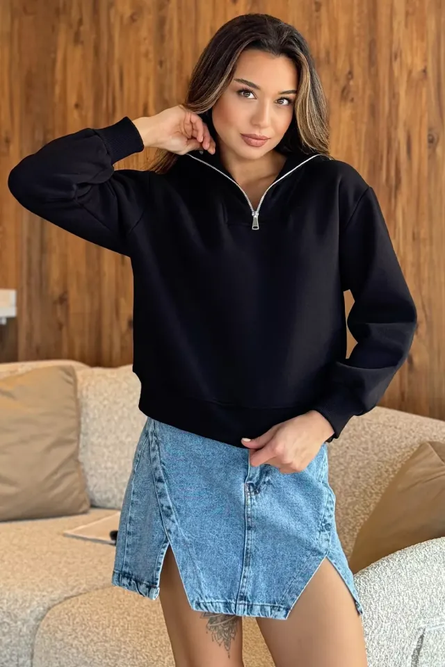 Üç İplik Şardonlu Yarım Fermuarlı Kadın Sweatshirt Siyah