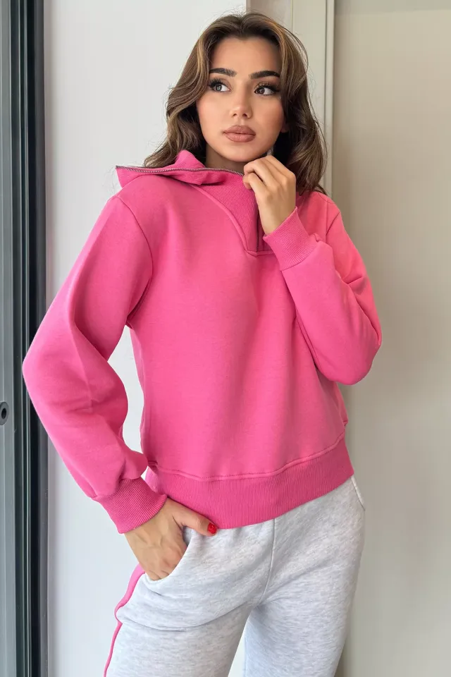 Üç İplik Şardonlu Yarım Fermuarlı Kadın Sweatshirt Pembe