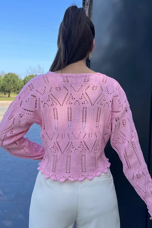 V Yaka Ajurlu Kadın Crop Top Bluz Pembe