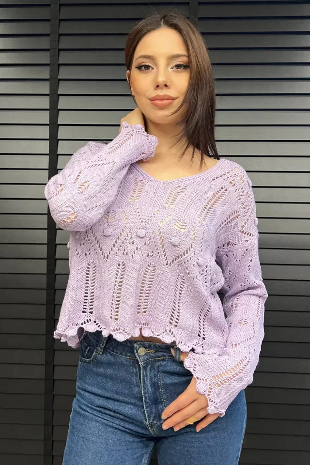 V Yaka Ajurlu Kadın Crop Top Bluz Lila