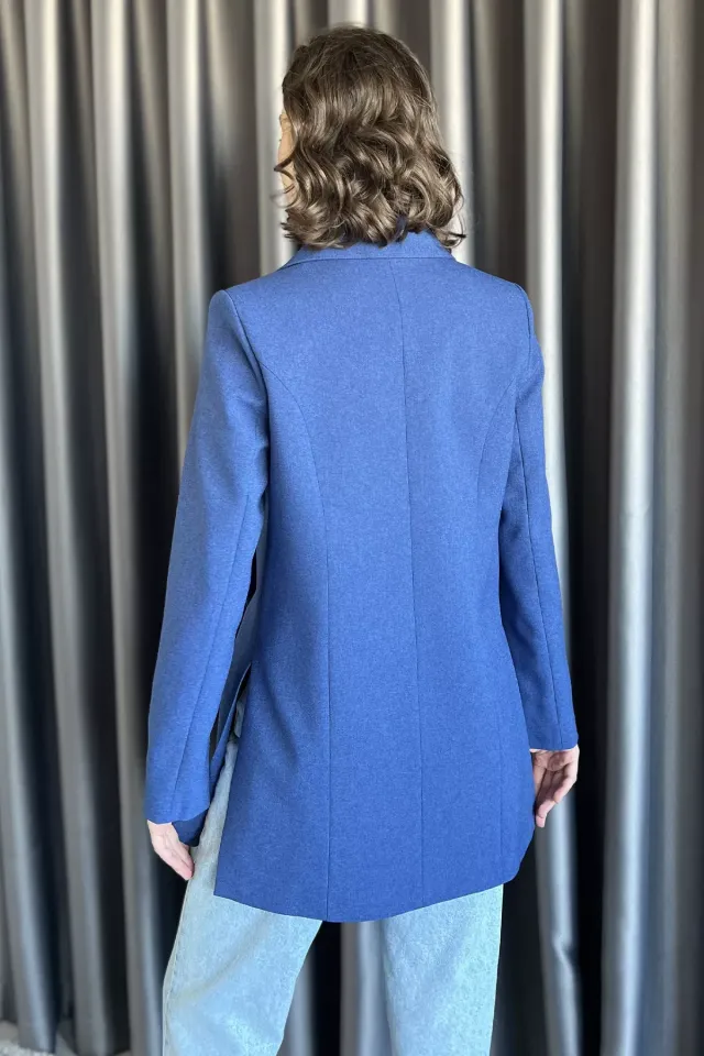Yan Yırtmaçlı Astarlı Kadın Blazer Ceket İndigo