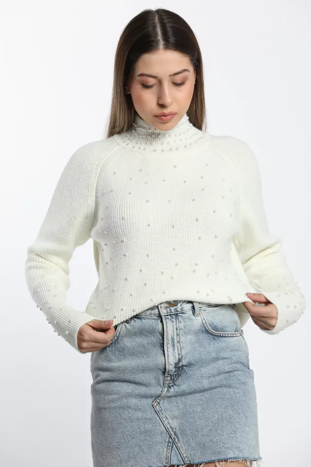 Yarım Balıkçı İncili Crop Top Triko Kazak Krem