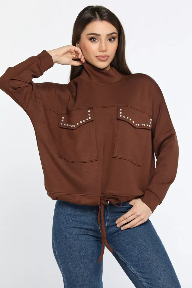 Yarım Balıkçı Yaka Çift Cepli Bel Bağlama Detaylı Şık Ve Konforlu Taşlı Sweatshirt Kahve