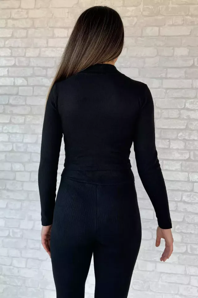 Yarım Balıkçı Yaka Kaşkorse Crop Bluz Tayt İkili Takım Siyah