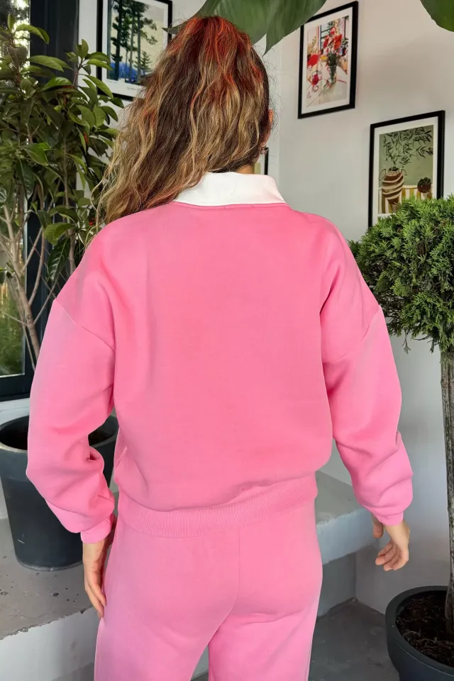 Yarım Fermuarlı Şardonlu Kadın Sweatshirt Pembe