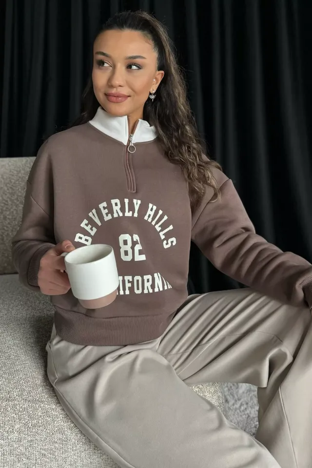 Yarım Fermuarlı Şardonlu Kadın Sweatshirt Kahve