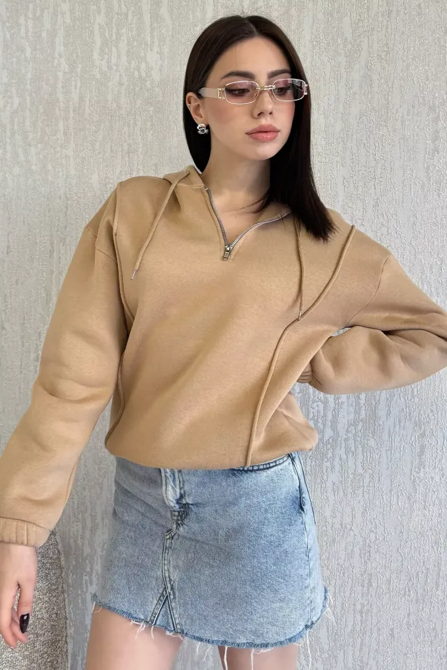 Yarım Fermuarlı Üç İplik Şardonlu Kadın Sweatshirt Bisküvi