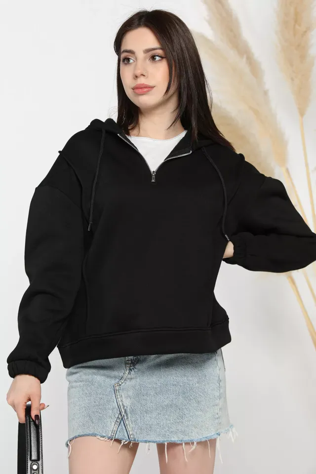 Yarım Fermuarlı Üç İplik Şardonlu Kadın Sweatshirt Siyah