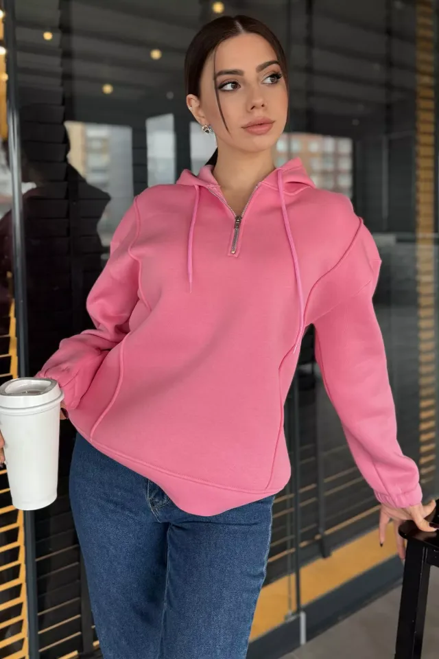 Yarım Fermuarlı Üç İplik Şardonlu Kadın Sweatshirt Pembe